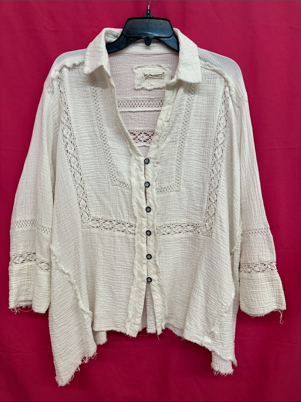 Bohemian Crochet Trim Button-Front Women's Top - Cream